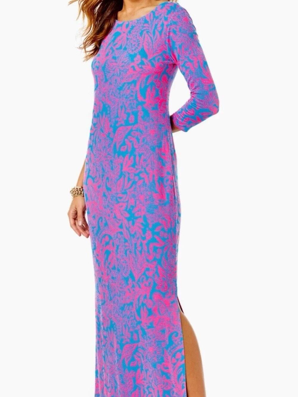 Lilly Pulitzer Morgann Maxi Dress Aura Pink Leaf An Impression Floral 3/4 Size M